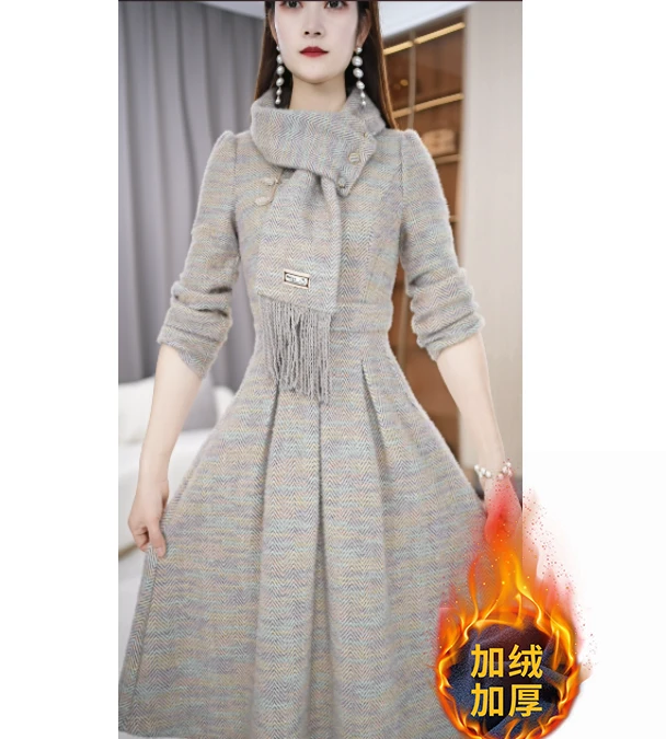 【连衣裙】秋冬季围巾领洋气收腰显瘦减龄中长款连衣裙M-4XL