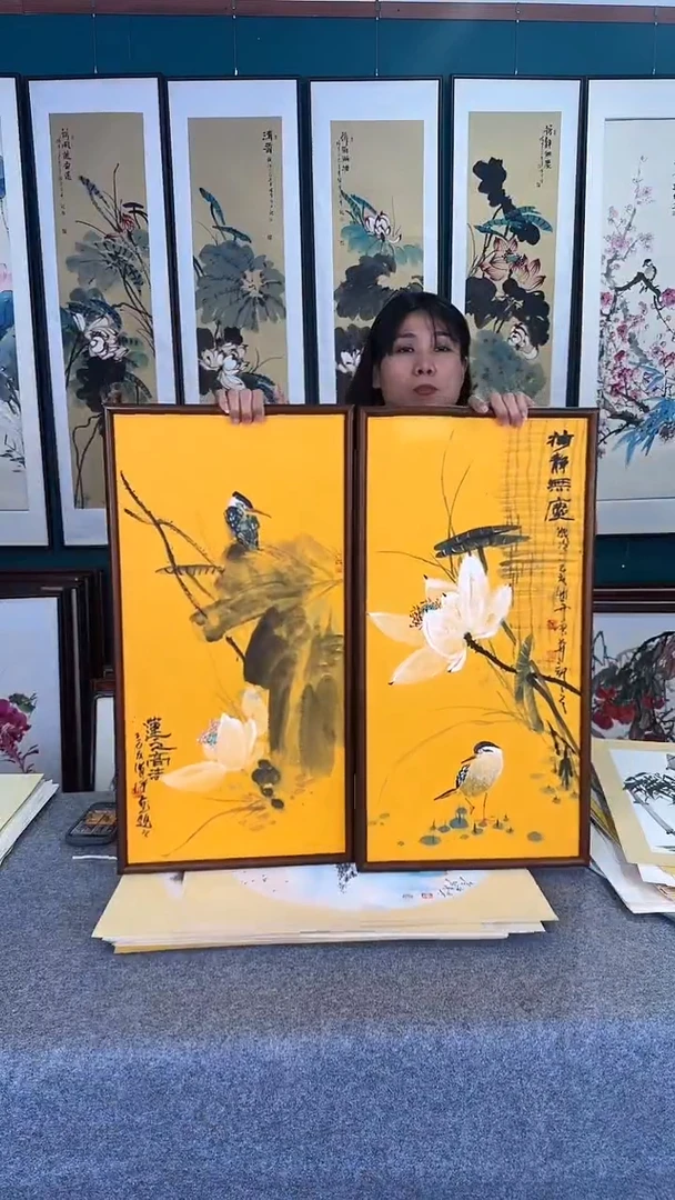 国画荷花 实木装裱 35*68