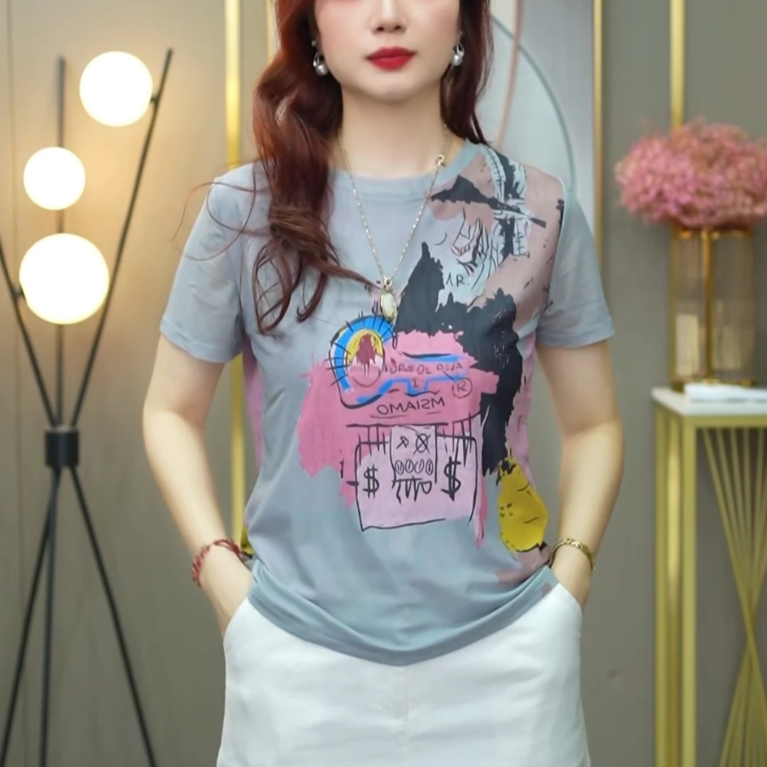 美式涂鸦 印花夏季网纱休闲减龄百搭气质圆领短袖T恤打底上衣1736