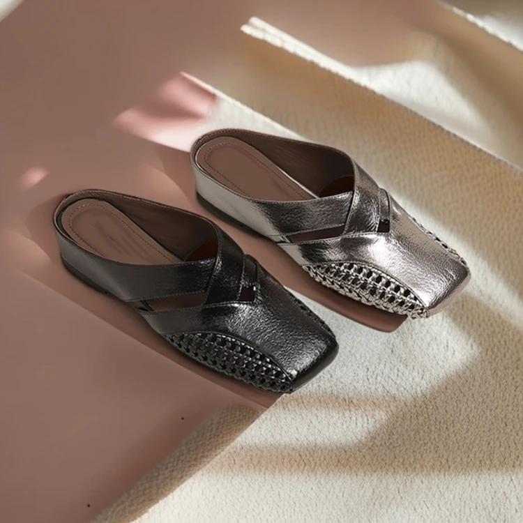 4cm内增高夏季新款潮流个性交叉编织小方头时尚女士真皮半拖