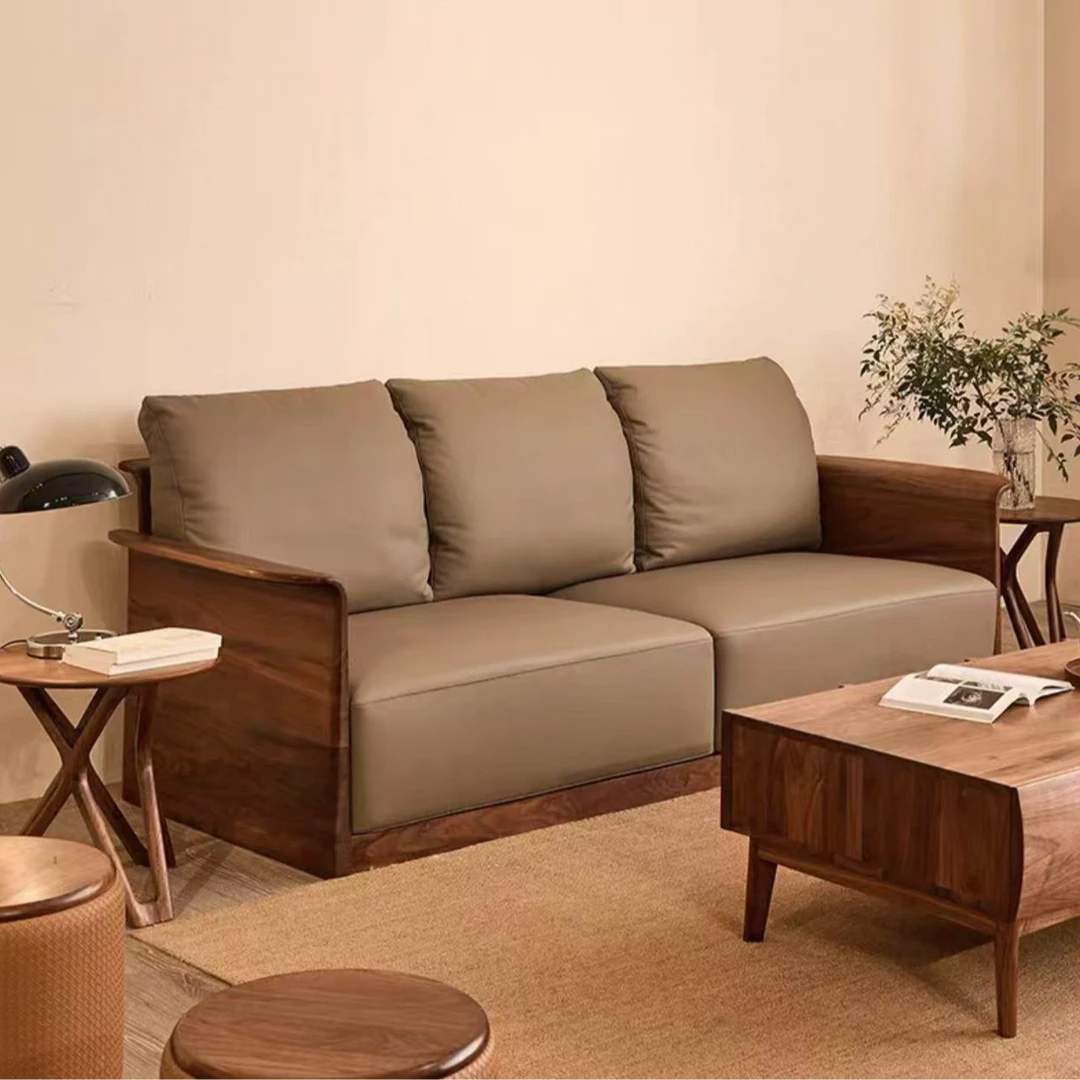 北美黑胡桃木实木沙发多人位三人位四人位头层牛皮真皮沙发轻奢