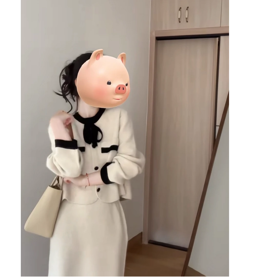 2024秋冬新款温柔风撞色系带针织毛衣气质高腰包臀半身裙套装2656