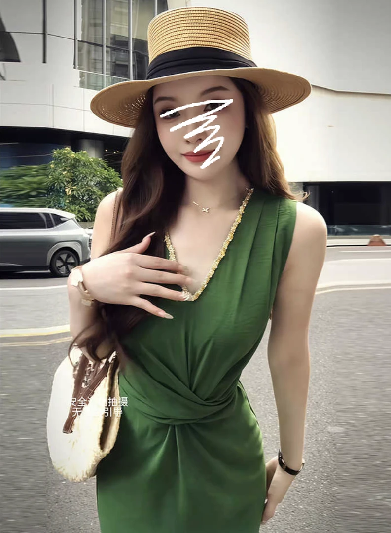 法式御姐后绑带镶钻无袖V领背心连衣裙女2025夏季收腰显瘦3290#