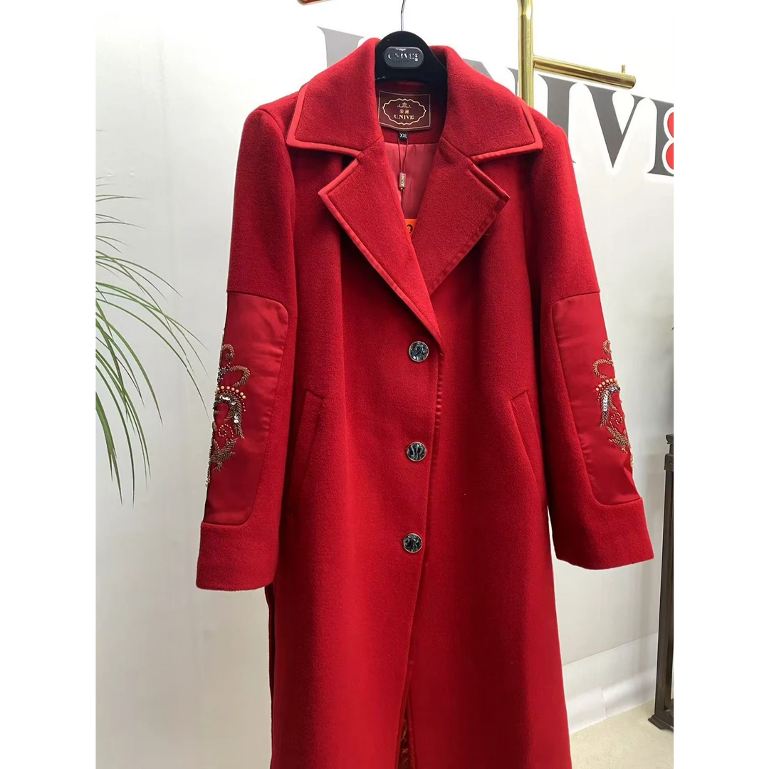 荣澜时尚百搭秋冬季复古刺绣大衣妈妈外套大码女装6881