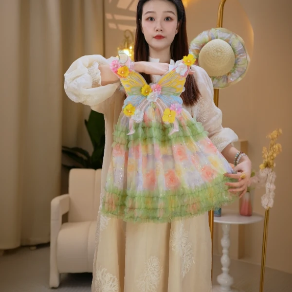 BoboBeer夏季新款女童森系清新洋气蝴蝶背心裙女宝飞袖碎花连衣裙