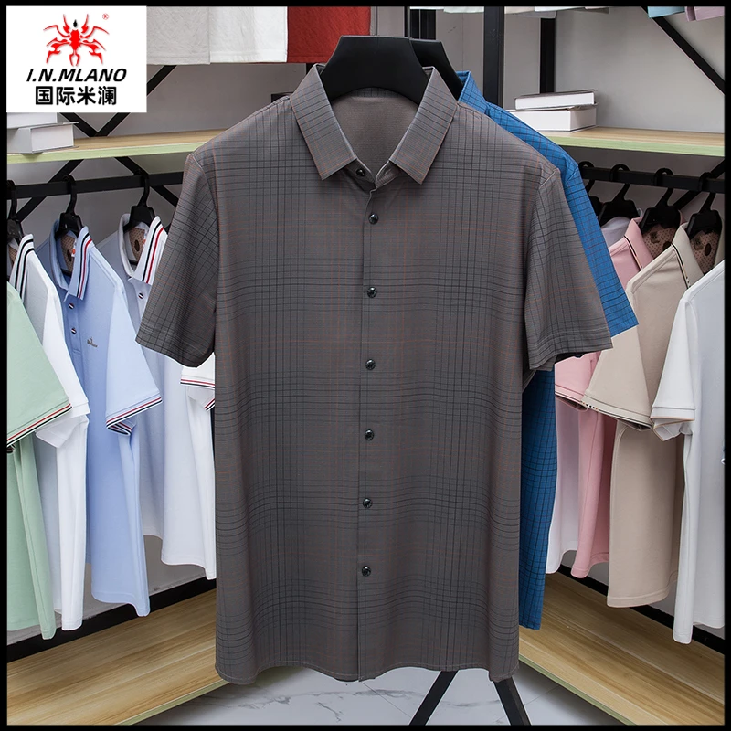 高档意大利桑蚕丝格子短袖衬衫夏季新款休闲半袖透气免烫中年衬衣