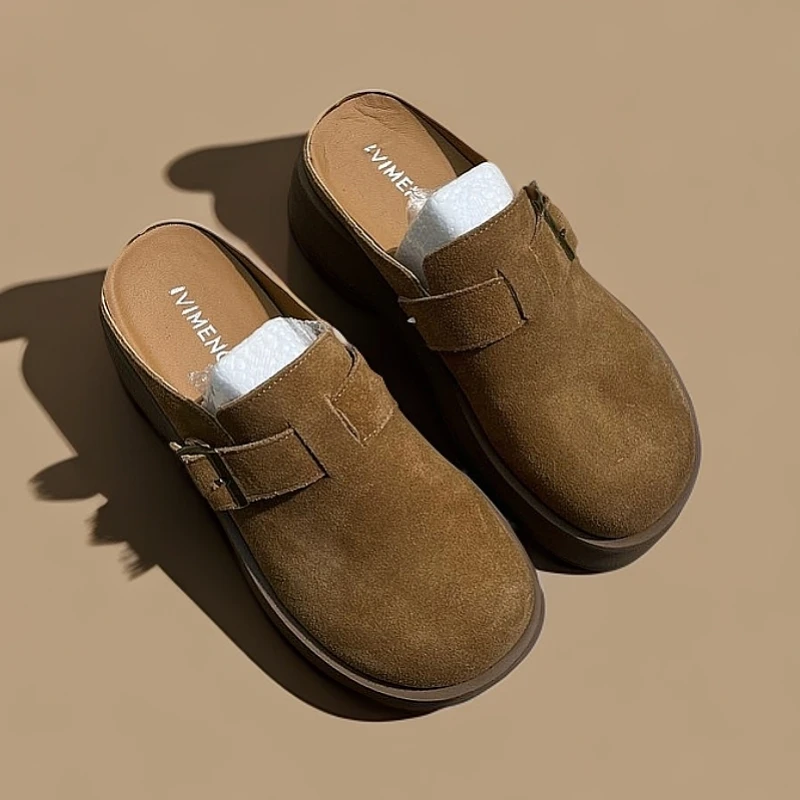 春季真皮百搭舒适勃肯拖鞋女时尚复古厚底英伦风网红圆头半托鞋女