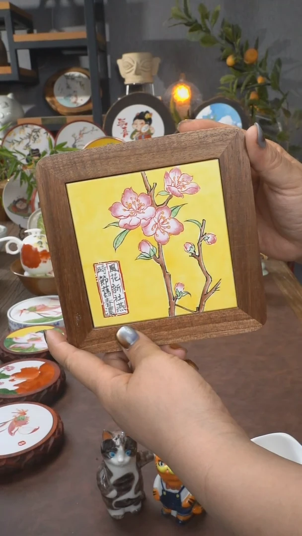 桃花+陶瓷釉上彩瓷片南美胡桃木杯托隔热垫