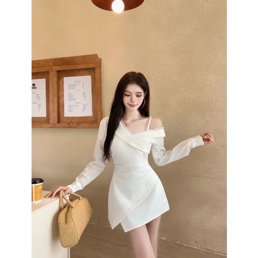 【一萍】大码女装温柔蕾丝花边设计斜肩吊带米白色连衣裙13401