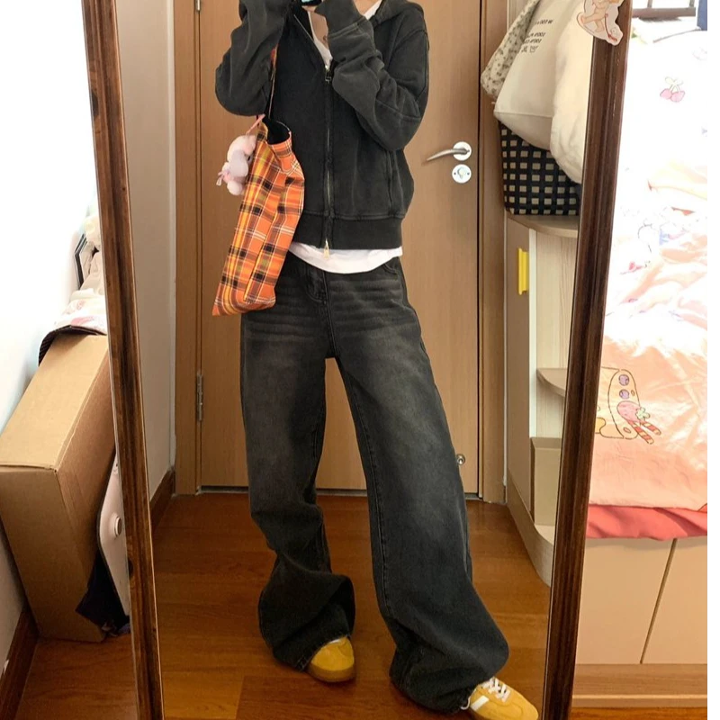 美式复古黑灰色高腰直筒牛仔裤女2025春季新款宽松显瘦拖地阔腿裤