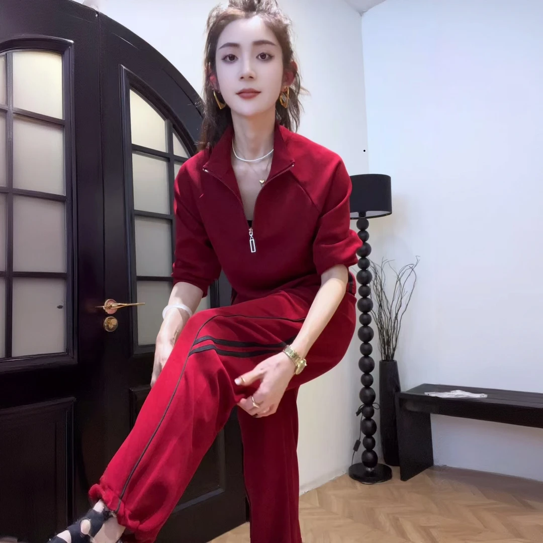 【现货现发】秋冬新款加绒休闲运动套装红色卫衣减龄女士百搭立领款