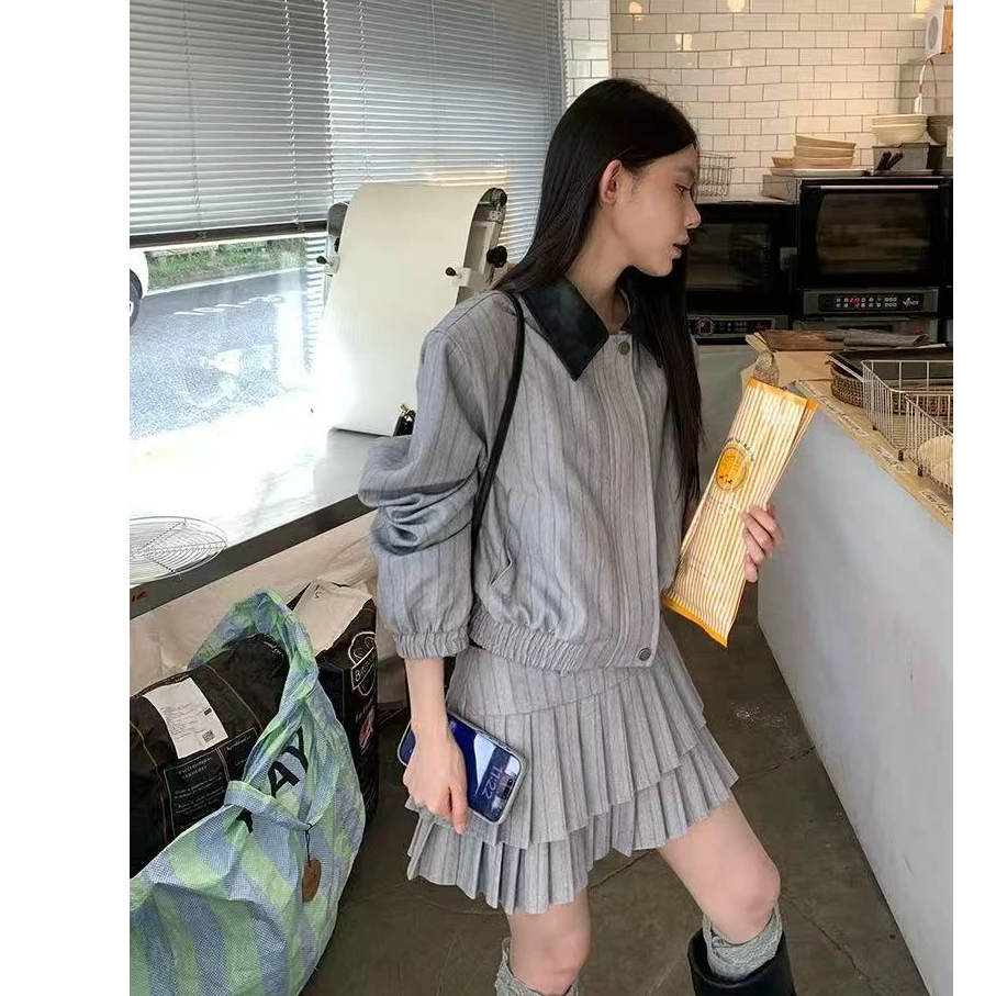 2966•蛋糕裙套装 TZ# 东大门街头洋气垫肩竖纹西装套装•