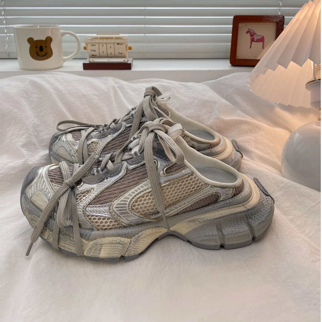 3XL半拖厚底2025新款夏季外穿做旧拖鞋老爹鞋女透气包头一脚蹬潮