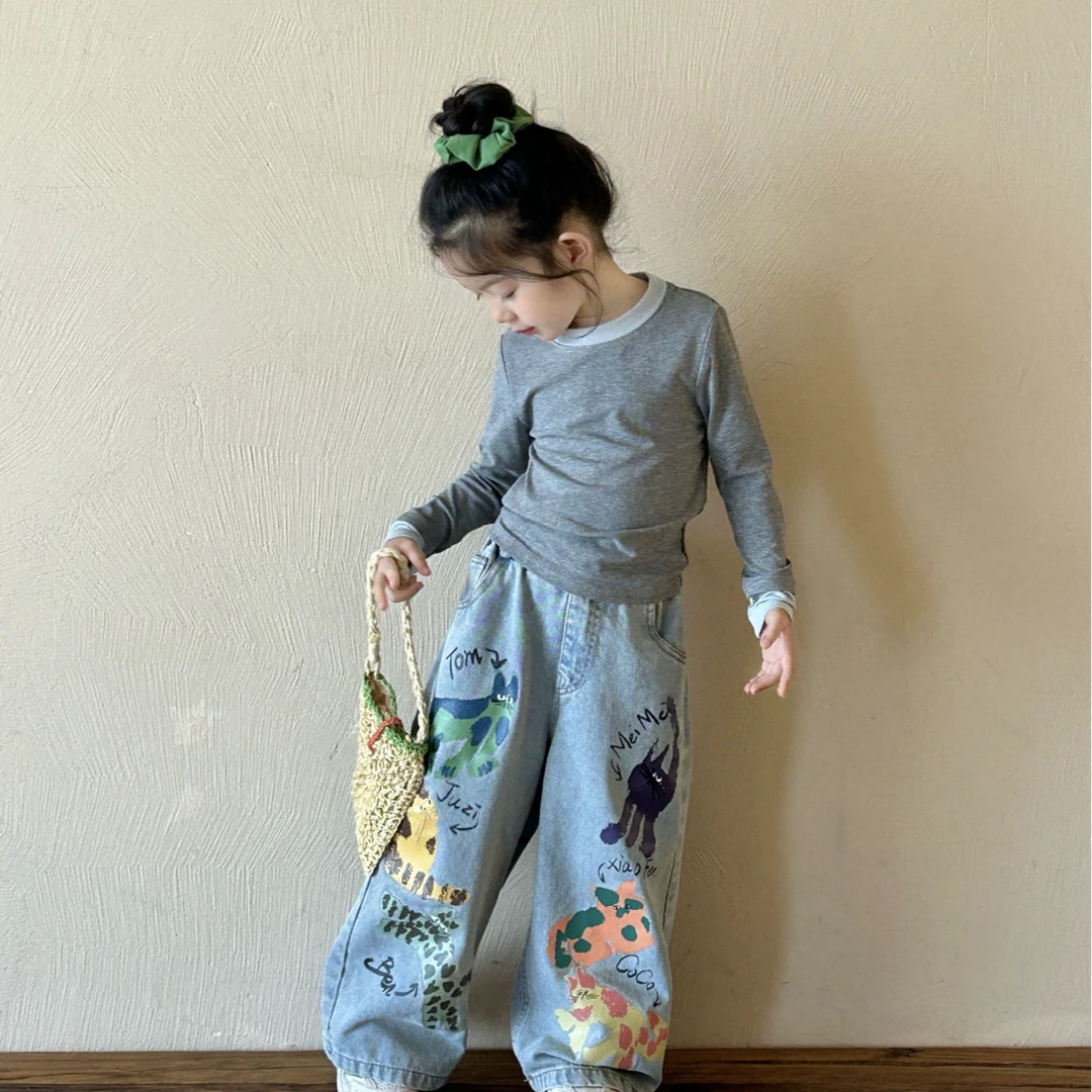 小言-2025春季新款中小童韩版假两件长袖上衣儿童T恤衫直筒牛仔裤