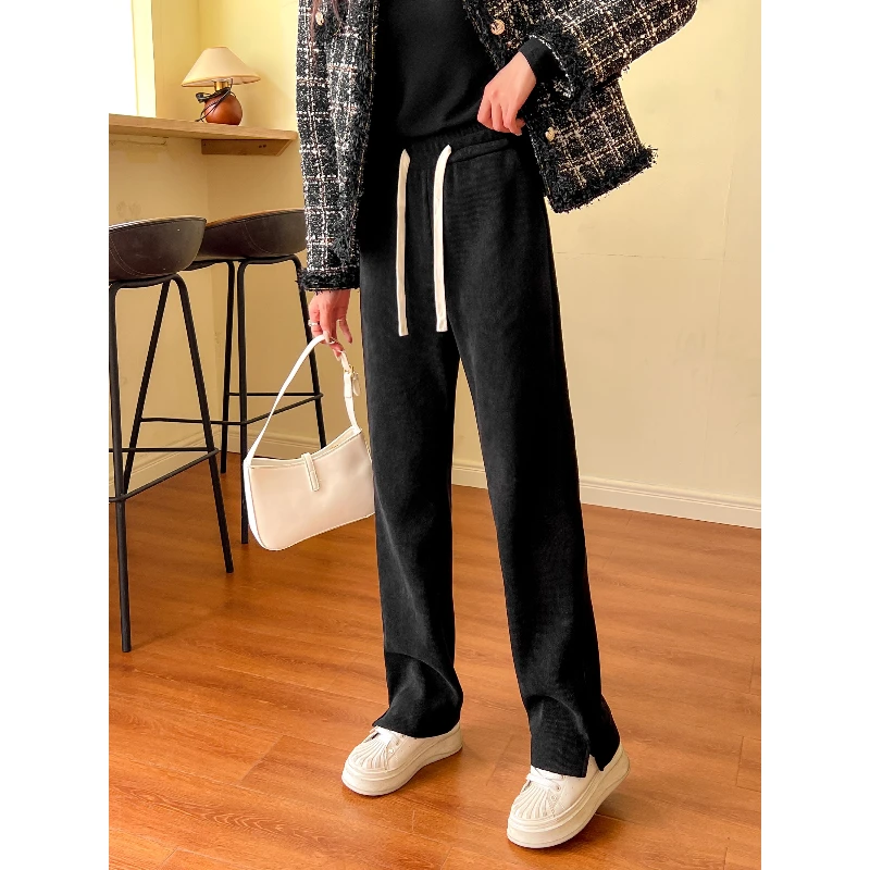 艾莉家2024冬季新款加绒加厚窄版阔腿裤修身开叉直筒糯米长裤