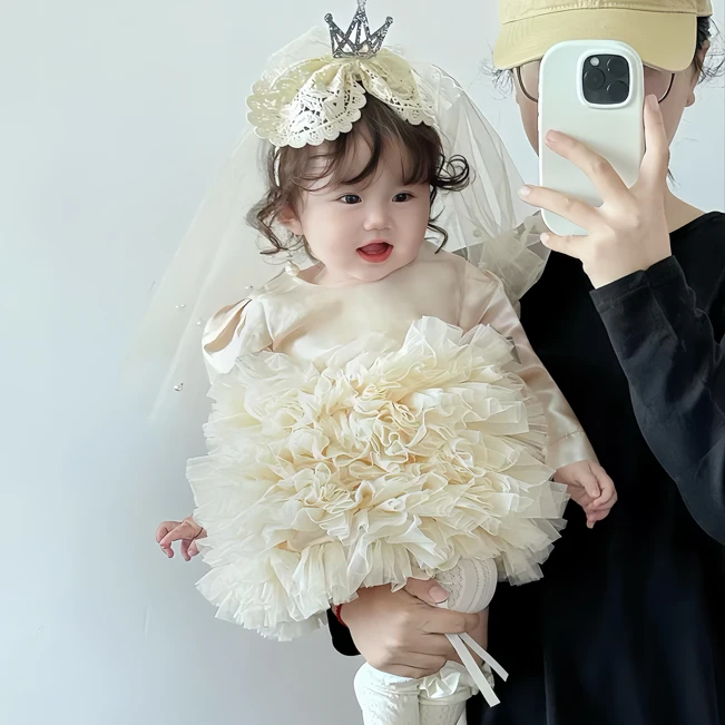 女宝宝周岁礼服公主裙春夏生日长袖礼服裙连衣裙婚纱裙花童蓬蓬裙
