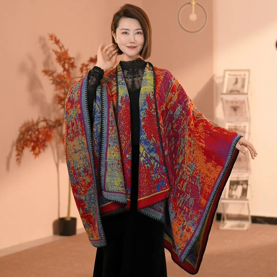厚款春季双面薄款百变秋冬季民族墨画披肩中国风保暖斗篷9049
