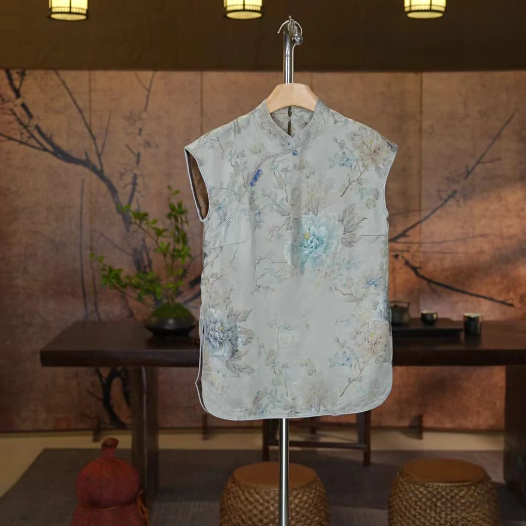 【安之若素】重磅新中式国风立领斜襟无袖牡丹织花国潮老钱风上衣