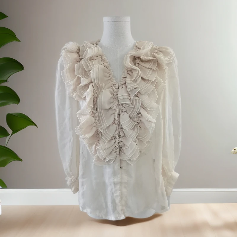 真丝衬衫中式日常复古可爱白色木耳边法式度假海边赫本长袖小香风