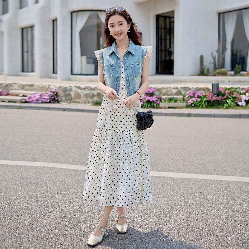 牛仔马甲吊带连衣裙两件套夏天衣服夏装2025减龄显瘦波点休闲套裙