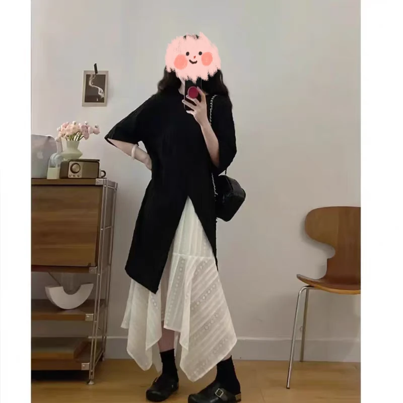 大码微胖夏季套装开叉短袖T恤99186不规则半身裙99199两件套