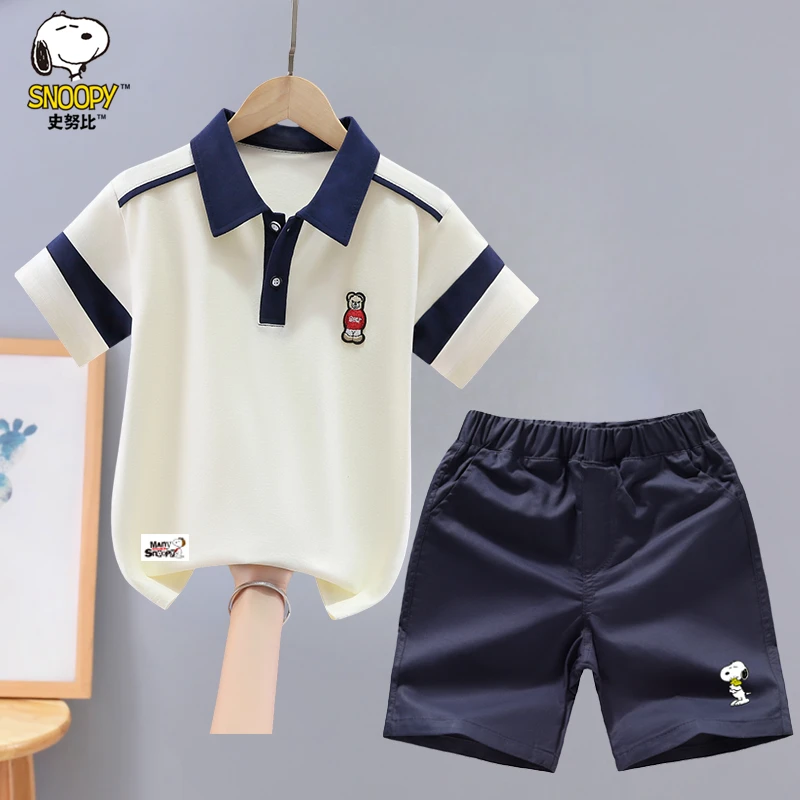 史努比男童纯棉套装夏装2025新款洋气中大童男孩翻领polo衫两件套