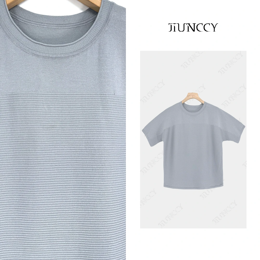 JIUNCCY【音阶】定制长绒棉谷波肌理横条连肩袖针织上衣 52YZZ065