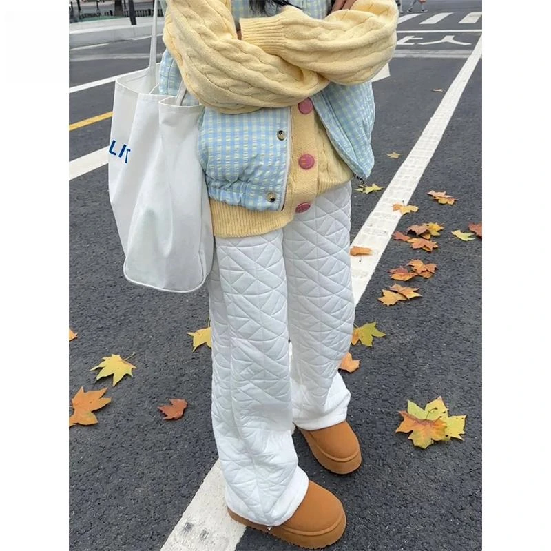 搭配马丁靴的棉裤女冬季菱形格美式vintage保暖防寒运动休闲裤