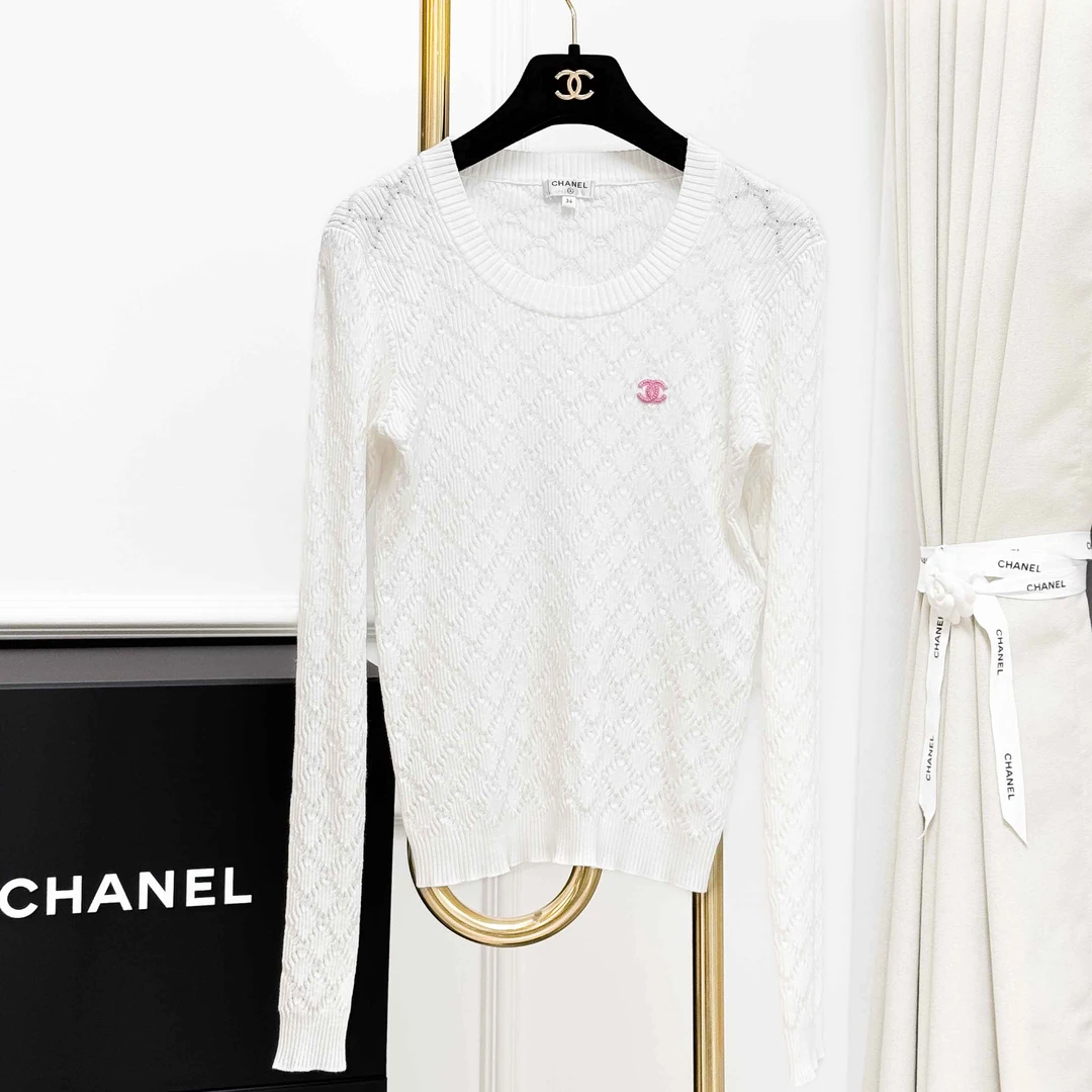 99新 Chanel/香奈儿 34码20P白色拼粉色双C镂空长袖针织上衣