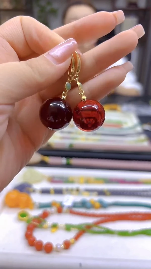 14K金镶嵌血珀耳饰DIY款E706