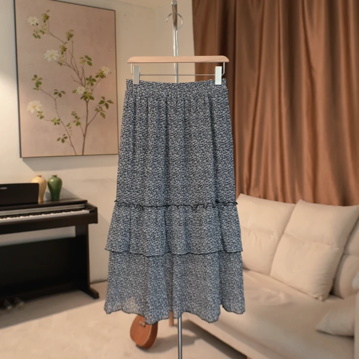 G476 松紧高腰长款碎花百褶裙女半身裙 304F40