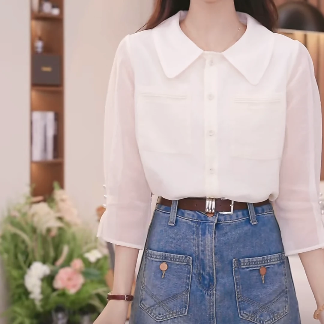 法式甜美翻领五分袖衬衫女2025夏季新款设计感小众百搭显瘦上衣