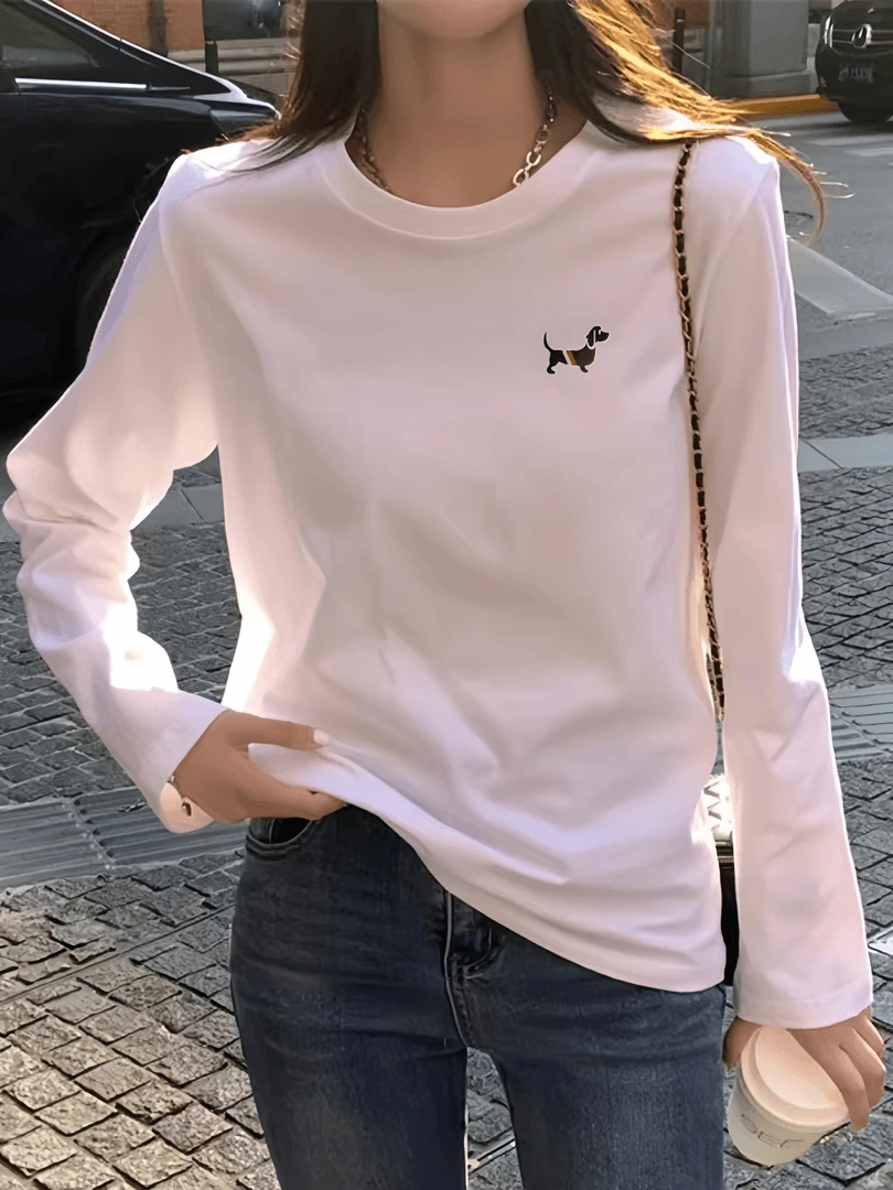 春秋长袖秋衣休闲透气上衣男女同款圆领印花T恤 腊狗
