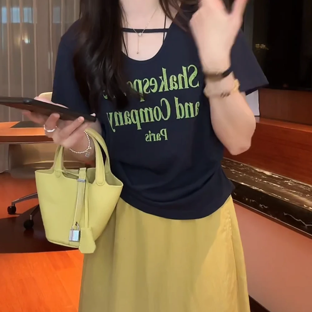 【知夏T】褶皱收腰字母印花短袖T恤女2025夏季新款短款修身上衣