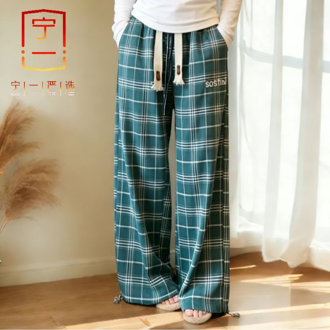 【宁一女装】格子阔腿裤日系复古休闲运动裤春秋新款韩版宽松直筒裤