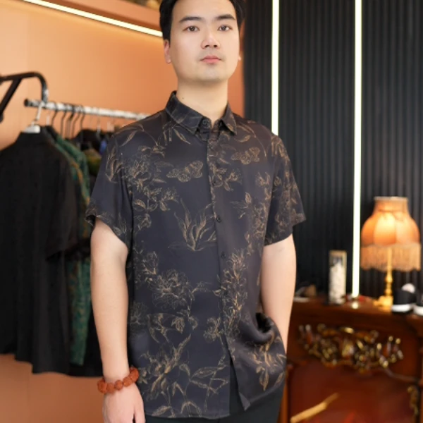 香云纱男士夏季中国风黑金短袖时尚轻奢桑蚕丝衬衫提花百搭休闲