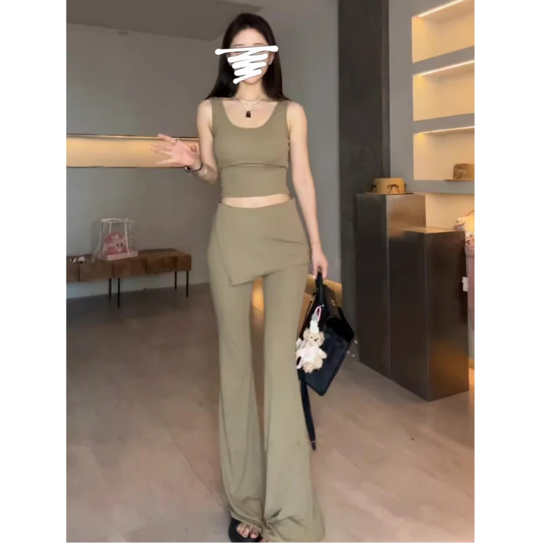 美式辣妹两件套女春装无袖修身背心上衣高腰喇叭裤垂感拖地长裤子