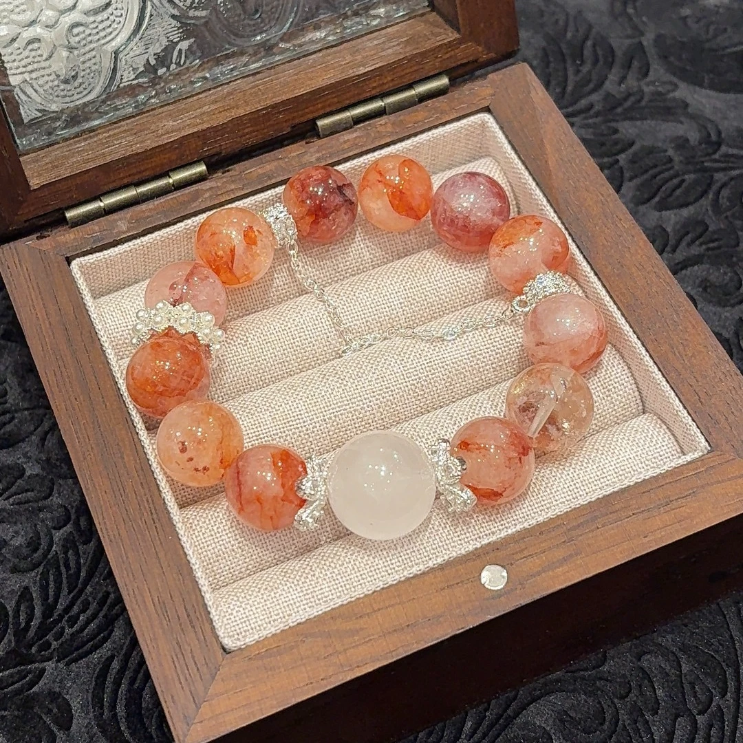 【日落霓虹】纯天然水晶手串红胶花白幽灵新国风女生手链新款E021