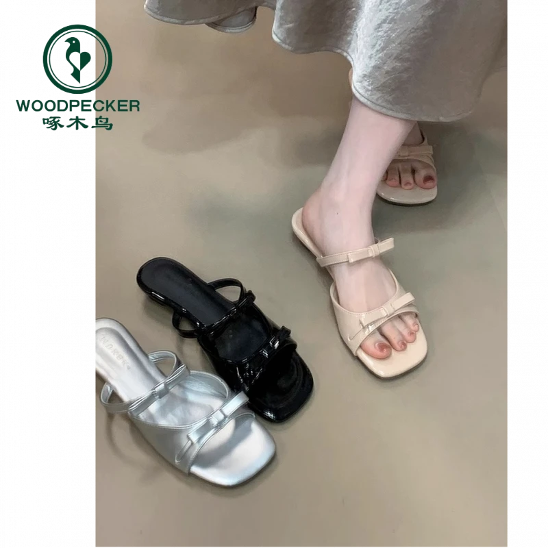 啄木鸟双蝴蝶结法式仙女风一字拖鞋女2025夏季新款海边度假凉拖鞋