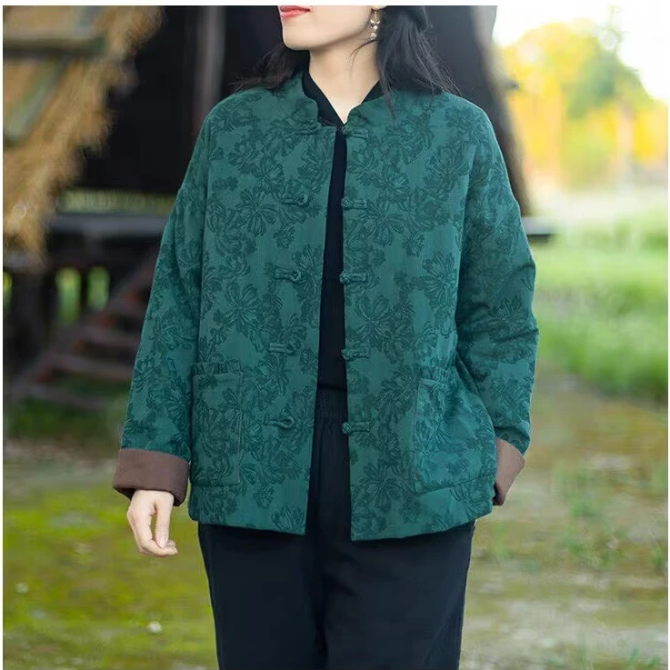 国风肌理感亚麻提花盘扣中式棉服上衣女宽松显瘦百搭保暖棉衣短款