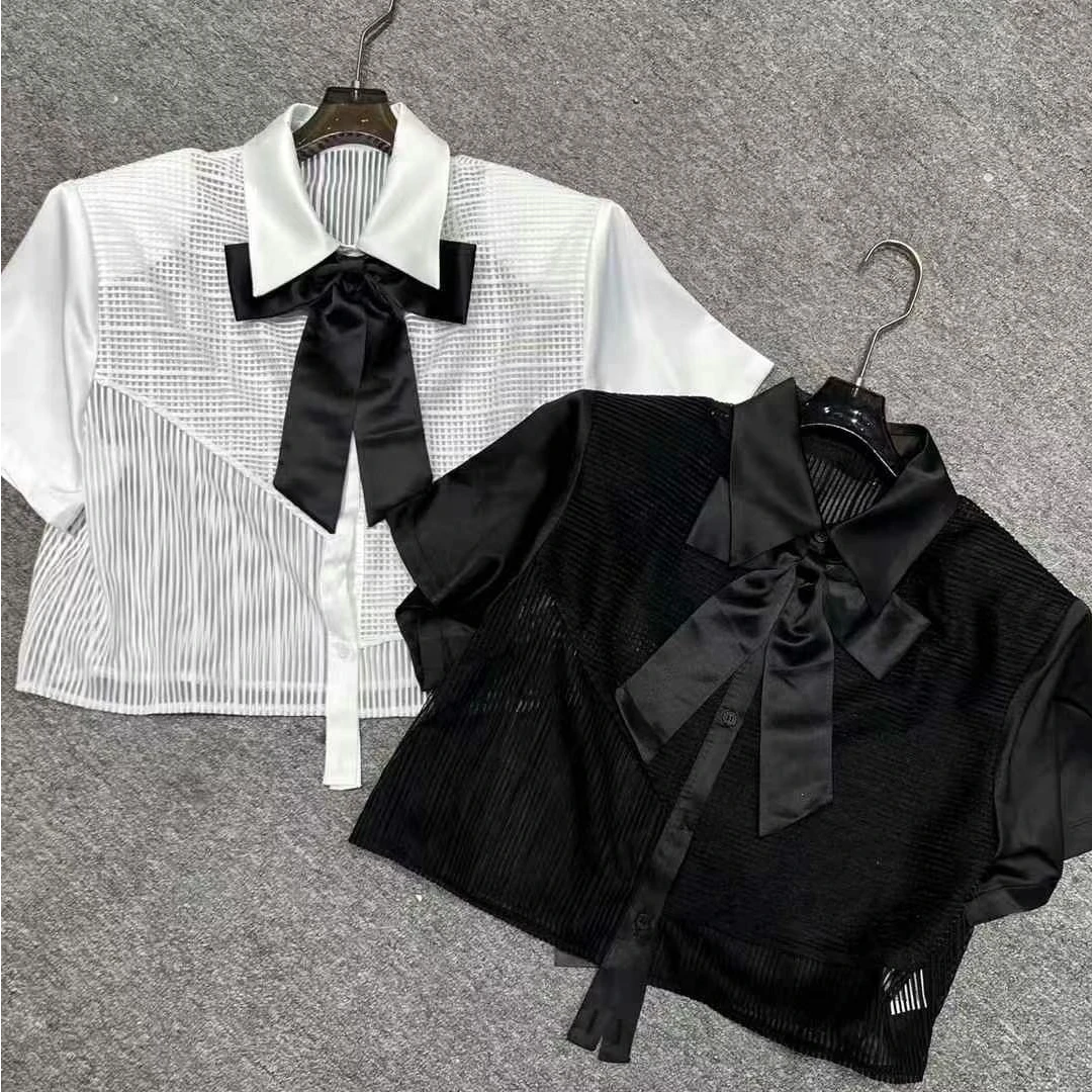 DA-J春夏新款设计感醋酸袖子拼接格纹网纱设计感衬衣宽松