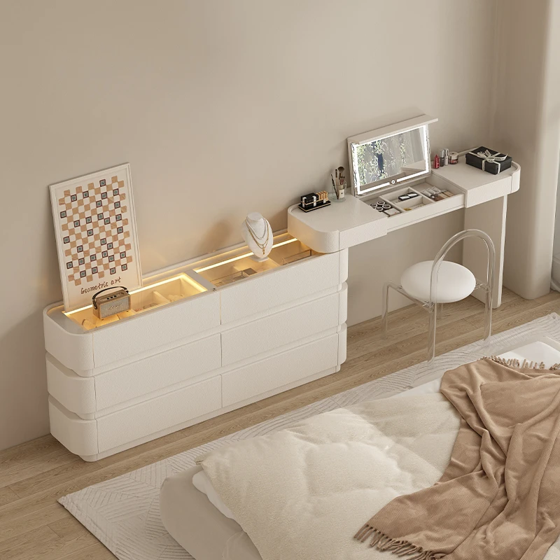 法式轻奢主卧床尾斗柜妆台一体现代简约奶油风梳妆台翻盖镜子可隐