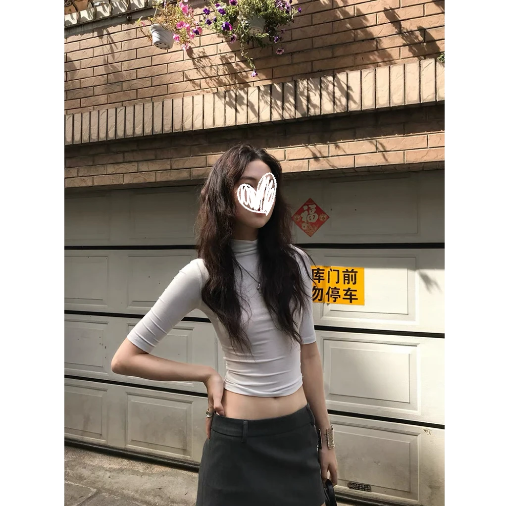 修身短款半高领半袖上衣美式辣妹正肩短袖T恤#Y986