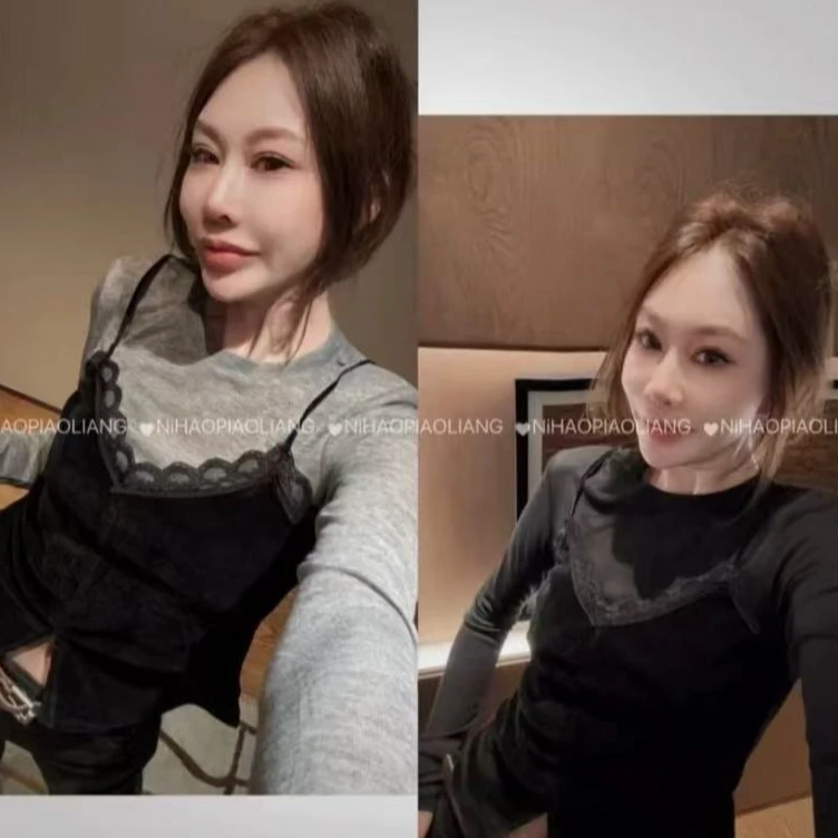 蕾丝拼接女装T恤网红显瘦长袖