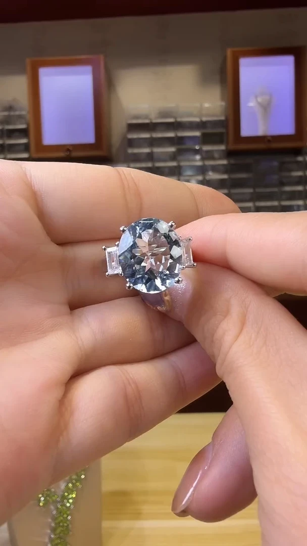 银S925镀金镶嵌戒指定制海蓝宝石二*闭口戒指16#