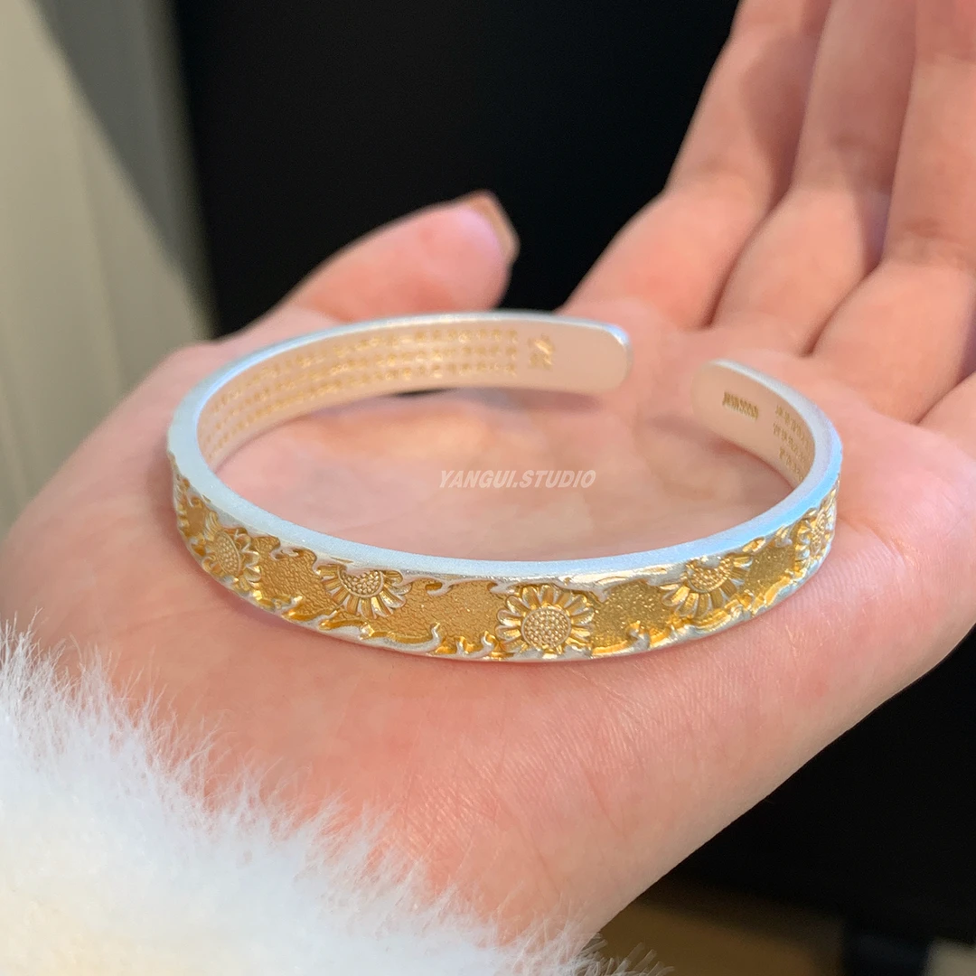 足银手镯 燕归yangui “满春”足银999.9 向日葵纯手工手镯