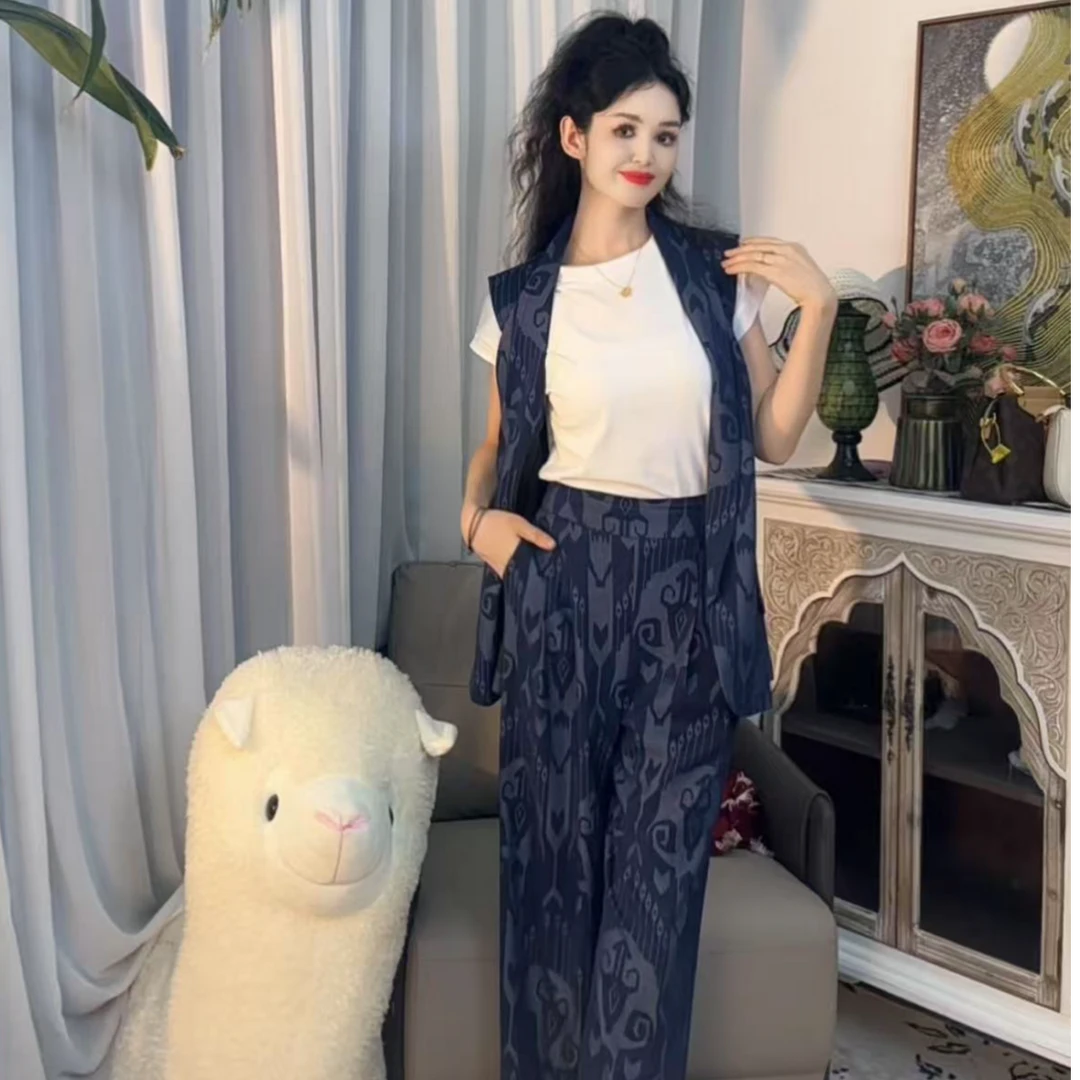 古尔邦节 气质【休闲马甲两件套】春夏艾特莱斯民族风休闲印花 蓝色