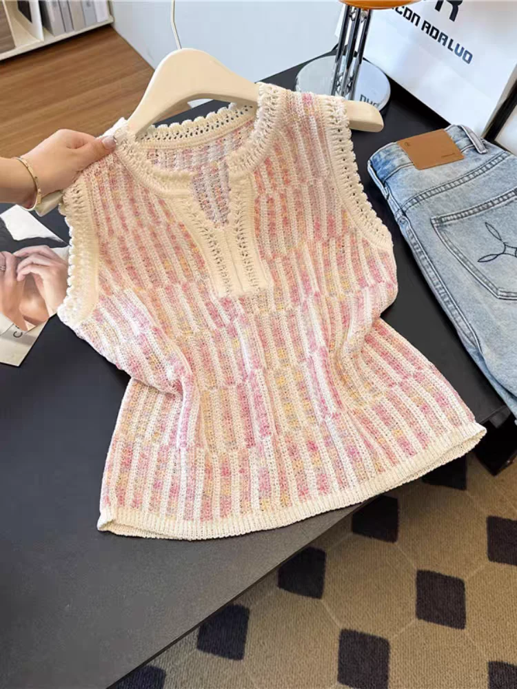 小香风镂空条纹针织短袖背心女2025新款夏季无袖上衣高级薄款小衫
