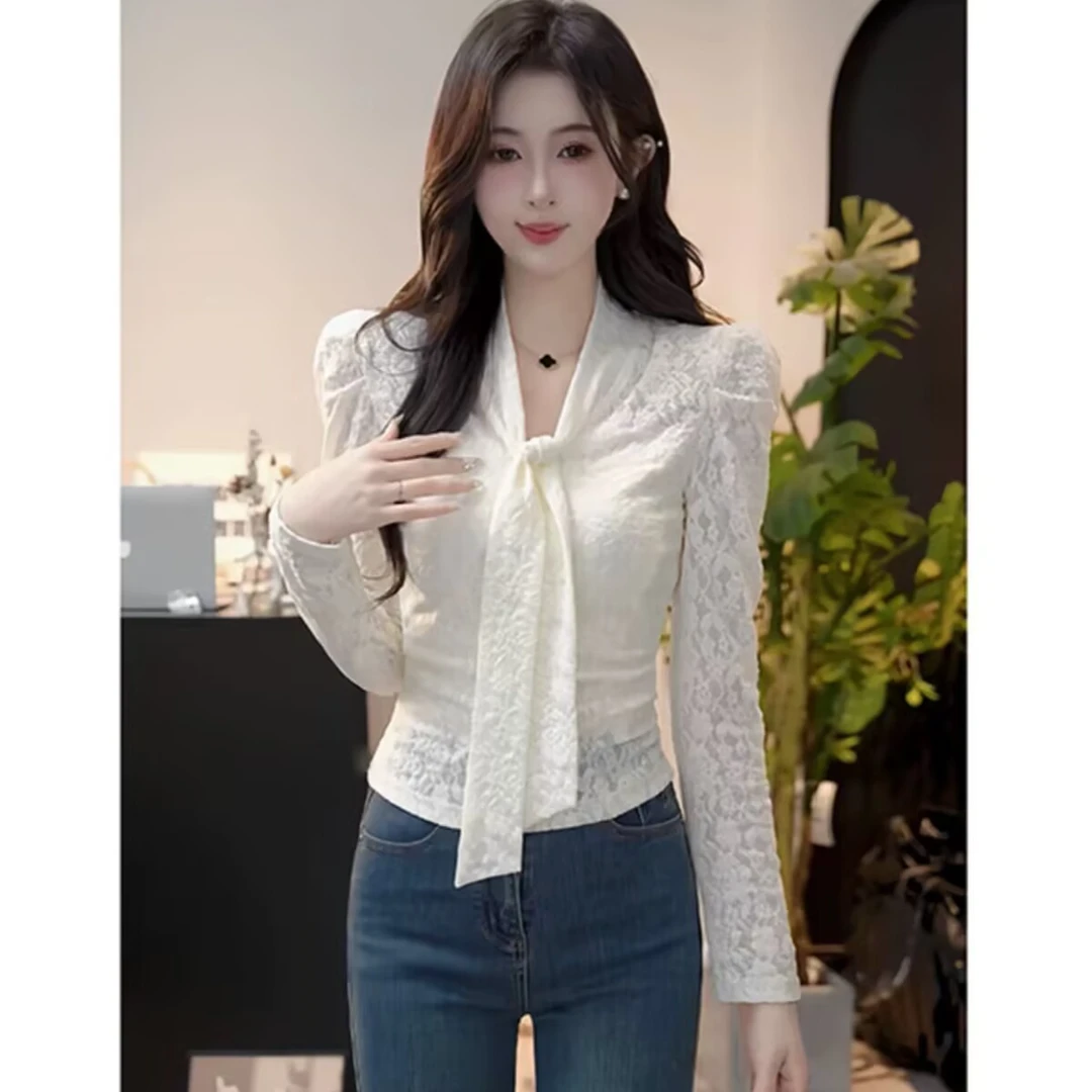 【蝶恋花溪】法式气质蕾丝蝴蝶结衬衫上衣2025新款春季显瘦百搭上衣