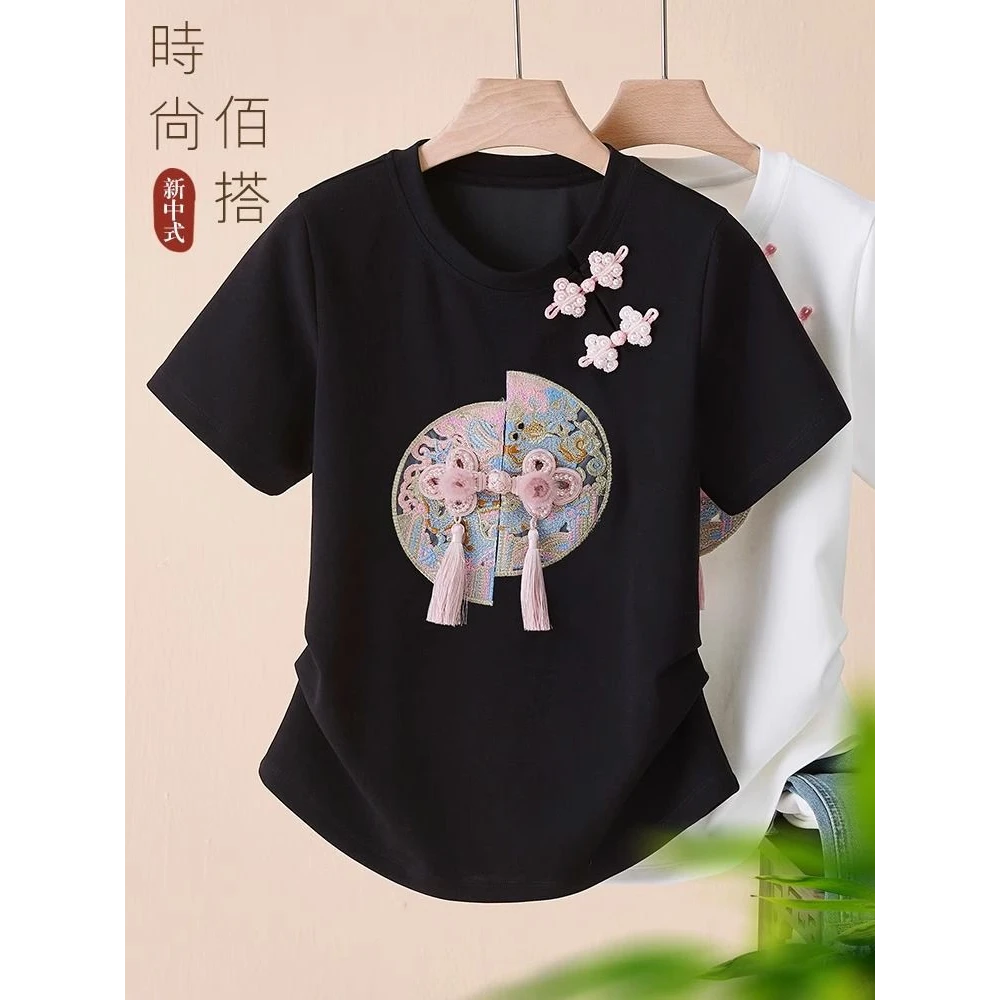 9739新中式盘扣刺绣短袖T恤女夏季新款大码国风独特百搭显瘦上衣